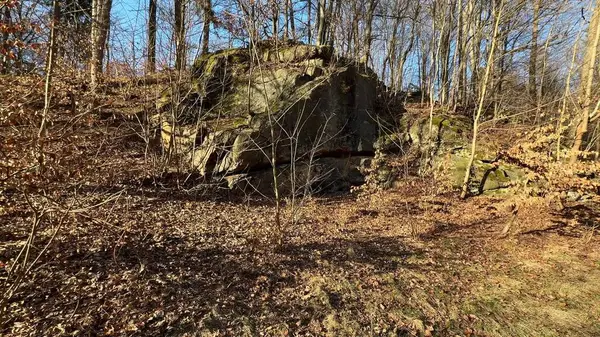 Huzurlu, sakin bir manzara. Büyük bir kaya oluşumunu sergiliyor. Huzurlu bir ormanlık alana kurulmuş.
