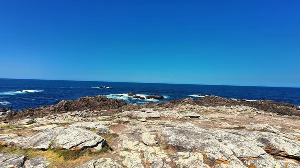Çarpıcı bir manzara engebeli bir kıyı şeridinin berrak, güzel gökyüzünün altında dingin mavi bir okyanusla birleşmesini gösteriyor.