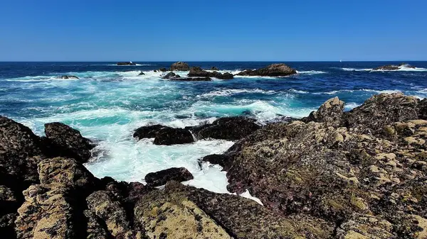 Güneşli bir okyanus gününde dalgalanan kayaların nefes kesici manzarasına bakın.