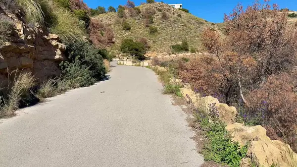 Yumuşak tepeler ve yemyeşil manzaralarla çevrili sakin bir yürüyüş yolu var, hepsi berrak mavi gökyüzünün altında.