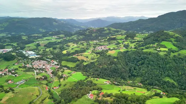 Arkasında görkemli dağlar olan canlı yeşil manzaraların çarpıcı hava aracı görüntüleri.
