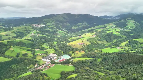 Bereketli ormanların yanında tarımın güzelliğini gösteren yemyeşil bir dağ manzarasının çarpıcı hava manzarası.