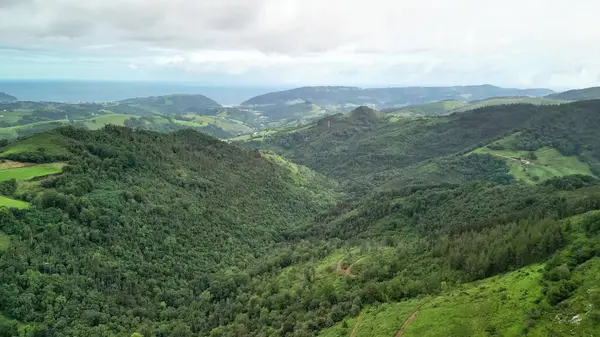 Uçsuz bucaksız okyanus manzaralarının çerçevelediği yemyeşil vadileri, bulutlu bulutlu gökyüzünün altında bir hava manzarası vurgular.