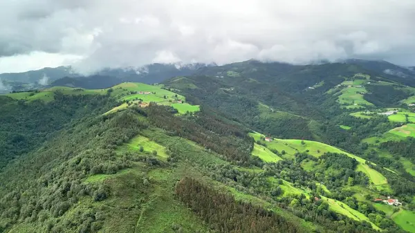 Hava manzarası bulutlu bir gökyüzünün altında doğanın özünü güzel bir şekilde gösteren canlı yeşil tepeleri gösteriyor.