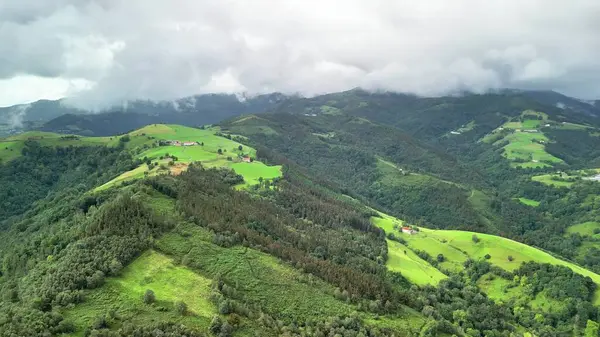 Göz kamaştırıcı bir hava manzarası üzerinde bulutlu bir gökyüzünün altında sergilenen canlı yeşil tepeler.