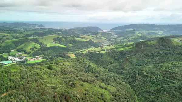 Nefes kesici bir hava manzarası güzel bir şekilde sergileniyor yemyeşil tepeler ve bulutlu bir gökyüzünün altında çarpıcı bir kıyı şeridi.