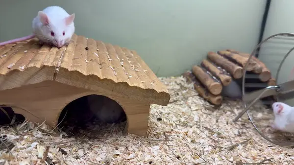 İki sevimli fare büyüleyici ahşap habitatlarını keşfediyor. İlginç tünelleri ve rahat bir sığınakları var.