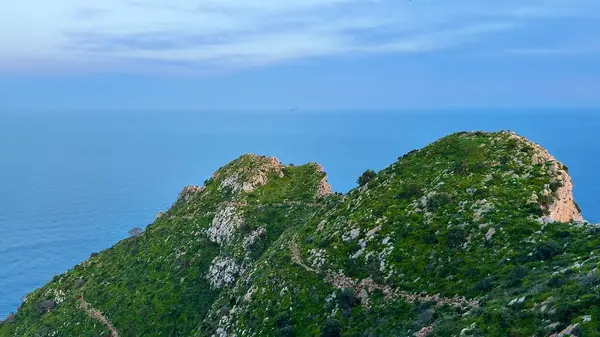 Bereketli yeşil tepelerden oluşan nefes kesici bir manzara. Pastel gökyüzünün altında sakin okyanus sularıyla güzel bir şekilde buluşuyor.