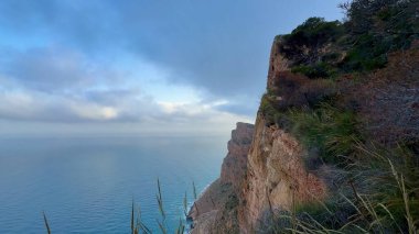 Bereketli yeşillik ve sakin okyanus sularıyla bulutlu bir gökyüzünün altında nefes kesici bir kıyı kayalığı manzarası..