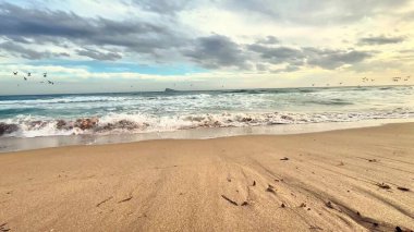 Güzel, resimli bir plaj sahnesi. Yumuşak dalgaların çarpması ve kasvetli bir gökyüzü. Rahatlamak için ideal.