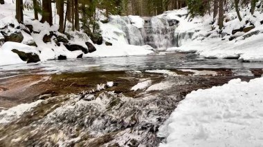 Karlı ağaçlarla çevrili şelalenin serinletici ve pitoresk bir kış sahnesi.