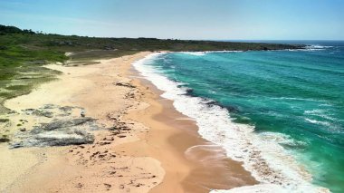 Yumuşak dalgaları, altın kumu ve berrak mavi gökyüzünün altında yemyeşil manzarası olan görkemli ve huzurlu bir sahil.