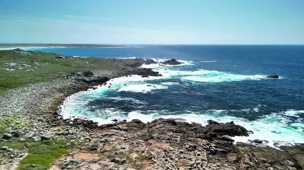 Okyanus dalgalarının nefes kesen görüntüsü berrak mavi gökyüzünün altında kayalık kıyılara çarpıyor.