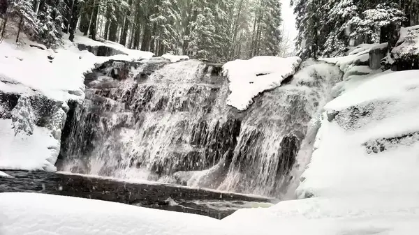 Nefes kesici bir şelale, sakin bir kış ortamında sersemletici bir kar manzarasında zarifçe çağlıyor.