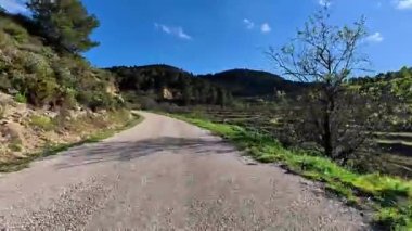 Çekici ve pitoresk çakıllı bir yol. Parlak mavi, berrak gökyüzünün altındaki yemyeşil tepelerin arasında yol alıyor.