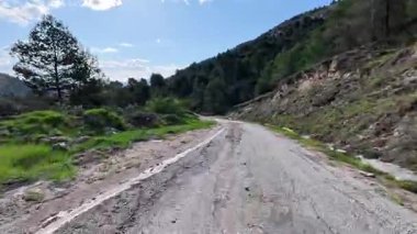 Bereketli dağların arasından dolambaçlı bir yol boyunca bir maceraya atılmak ve mavi gökyüzünün altında canlı bir manzara.