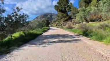 Parlak, bulutsuz, mavi gökyüzünün altındaki yemyeşil çimenlikte güzel bir şekilde esen pitoresk çakıl yolu.