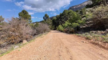 Dolaşan toprak bir yol, güzel yemyeşil yapraklar ve berrak mavi gökyüzünün altındaki yüksek dağların arasından yol alır.