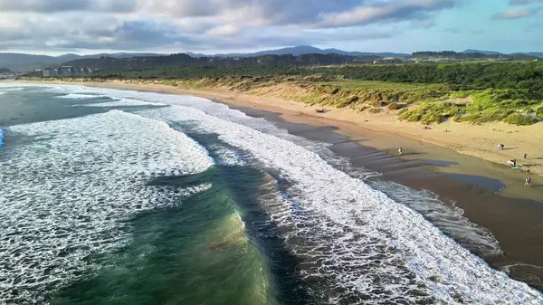 Yumuşak dalgaların yemyeşil bir manzarayla buluştuğu sakin kumlu bir sahil keşfedin..