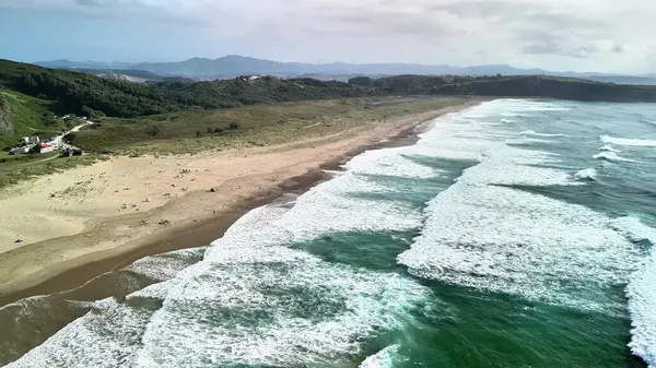 Göz kamaştırıcı bir hava görüntüsü muhteşem sahili, nazikçe dalgaları ve yemyeşil arka planı yakalar.