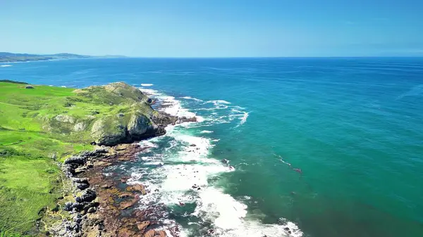 Bereketli yeşillik ve güçlü çarpan dalgalarla karakterize edilmiş canlı bir kıyı şeridini gösteren nefes kesici bir hava manzarası.