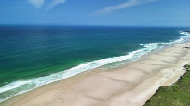 Hava manzarası, yumuşak dalgalar, yemyeşil alanlar ve güzel canlı kıyı manzaralı çarpıcı bir sahili yakalar.