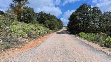 Huzurlu, dolambaçlı, dolambaçlı bir yol boyunca sakin bir yolculuğa çıkın, çarpıcı, mavi gökyüzünün altında doğa tarafından benimsenmiş.