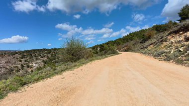 Resimli ve dolambaçlı toprak bir yol zarif bir şekilde dolgun, bulutlu bir gökyüzünün altındaki yemyeşil çimenlikte dolaşır.