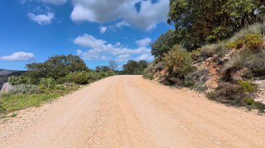 Resmedilmeye değer toprak bir yol açık mavi gökyüzünün altında canlı ve renkli manzaralar arasında yol alır.