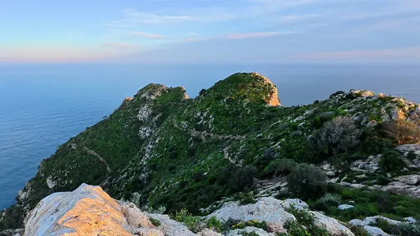 Serin denize bakan kayalık bir tepeden çarpıcı bir manzara, yemyeşil, canlı bitki örtüsüyle çevrili.