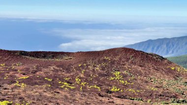 Sersemletici volkanik bir manzarayı keşfedin. Canlı sarı bitki örtüsüyle dekore edilmiş. Bulutlara karşı..
