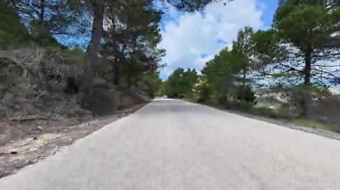 Etrafı canlı ağaçlarla çevrili dolambaçlı bir yolu keşfetmek ve sakin bir manzarada çarpıcı bir gökyüzü manzarası