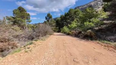 Dolaşan toprak bir yol, güzel yemyeşil yapraklar ve berrak mavi gökyüzünün altındaki yüksek dağların arasından yol alır.