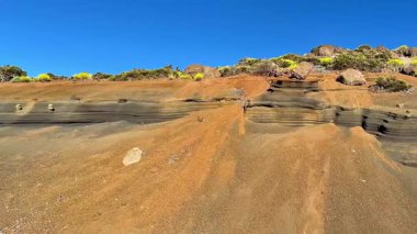 Parlak mavi gökyüzünün altında katmanlı jeolojik oluşumları gösteren kayalık bir manzaranın nefes kesici bir görüntüsü..