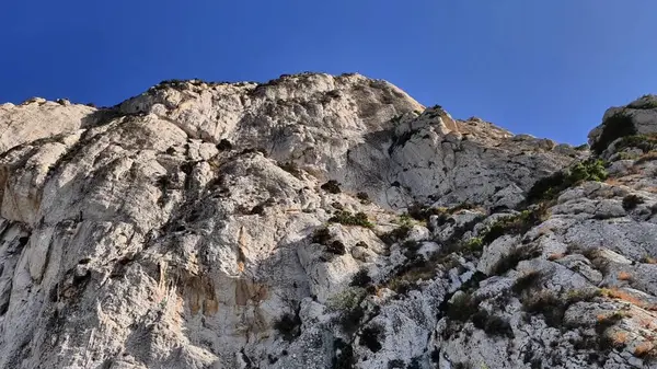 Sersemletici bir kaya oluşumu açık mavi gökyüzüne çarpıcı bir şekilde yükseliyor, canlı yemyeşil ile çevrili.