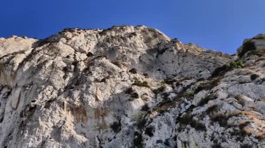 Sersemletici bir kaya oluşumu açık mavi gökyüzüne çarpıcı bir şekilde yükseliyor, canlı yemyeşil ile çevrili.