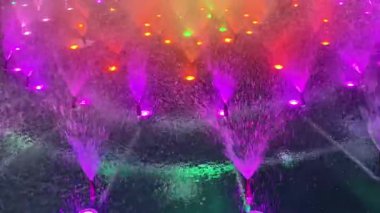 Dinamik bir su çeşmesi renkli ışıklarla aydınlatılır ve herkes için büyüleyici bir görsel deneyim yaratır.