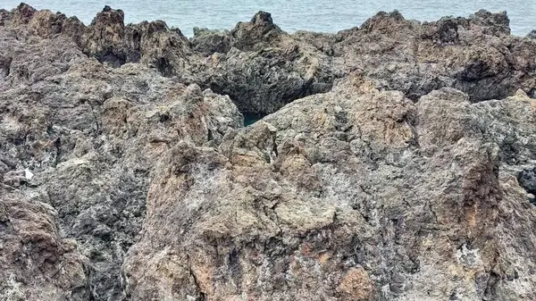 Kıyı boyunca uzanan çarpıcı dokulu kaya oluşumları büyüleyici bir okyanus zeminine karşı eşsiz desenler sergiliyor.