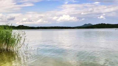 Sakin suların, hafif dalgaların ve mavi gökyüzünün altındaki yeşil otlakların yer aldığı sakin bir göl manzarası..