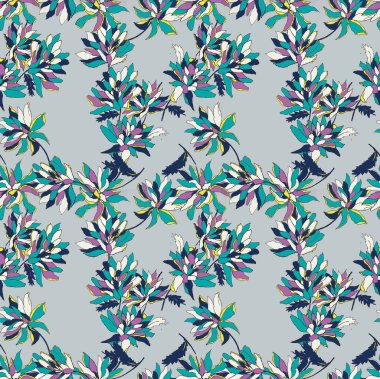 Kumaşta çiçek deseni var. Arka planda mavi ve yeşil yapraklı kahverengi çiçekler.