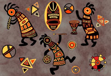 Afrika etnik yapısı kusursuz. Soyut dokulu arka plan, Afrika hayvanlarıyla örtülmüş. Afrikalı kadın siluetleri, ulusal kıyafetlerde kusursuz desenler. Güney Afrika halkı, vektör illüstrasyon. Güzel siyah dişiler. Kabile sanatı 