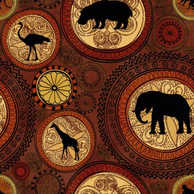 Afrika etnik yapısı kusursuz. Soyut dokulu arka plan, Afrika hayvanlarıyla örtülmüş. Afrikalı kadın siluetleri, ulusal kıyafetlerde kusursuz desenler. Güney Afrika halkı, vektör illüstrasyon. Güzel siyah dişiler. Kabile sanatı 
