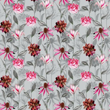 dijital baskı tekstil desenli duvar kağıdı renkli çiçek suluboya arkaplan illüstrasyonlu