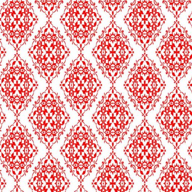 Bu yüksek çözünürlüklü dijital desen beyaz zemin üzerinde karmaşık kırmızı tasarımların tekrarlanan bir düzenini gösteriyor. Her simetrik motif çiçek ve geometrik elementleri harmanlayarak görsel ahengi geliştiren elmas şekilli bir yapı oluşturur..