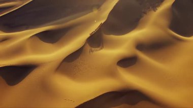 Uçsuz bucaksız çölde koşan bir grup insana bakan bir hava görüntüsü.