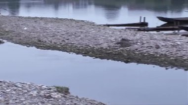 Kamera nehri ve taş plajın yanındaki ahşap tekneleri çekmek için hareket ediyor..