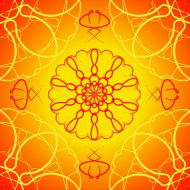 Kırmızı ve sarı tonlarda karmaşık simetrik desenler içeren canlı bir mandala sanat eseri dekoratif veya sanatsal kullanım için mükemmel..