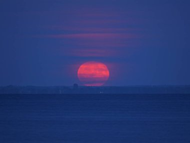 Çilek Ay, 2025 Haziran akşamı Greifswalder Bodden üzerinde kırmızı ve büyük bir duvakla yükselir. Uzayı kopyala Metinler ve tasarımlar için boşluk.