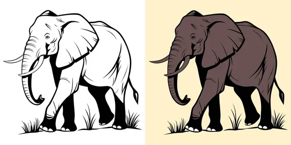 Çimen Detaylı Siyah ve Renkli Bir Filin Zarif İllüstrasyonu.