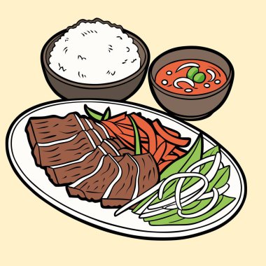 Izgara et, pirinç, çorba ve taze sebzelerden oluşan geleneksel bir yemek içeren canlı bir illüstrasyon. Kültürel, aşçılık ya da yemekle ilgili konular ve projeler için mükemmel.